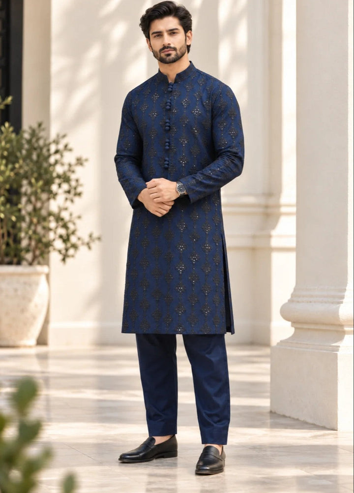 TGM Mens RTW Chikankari Chikankari Kurta Pajama Suit Titan Navy Festive Collection