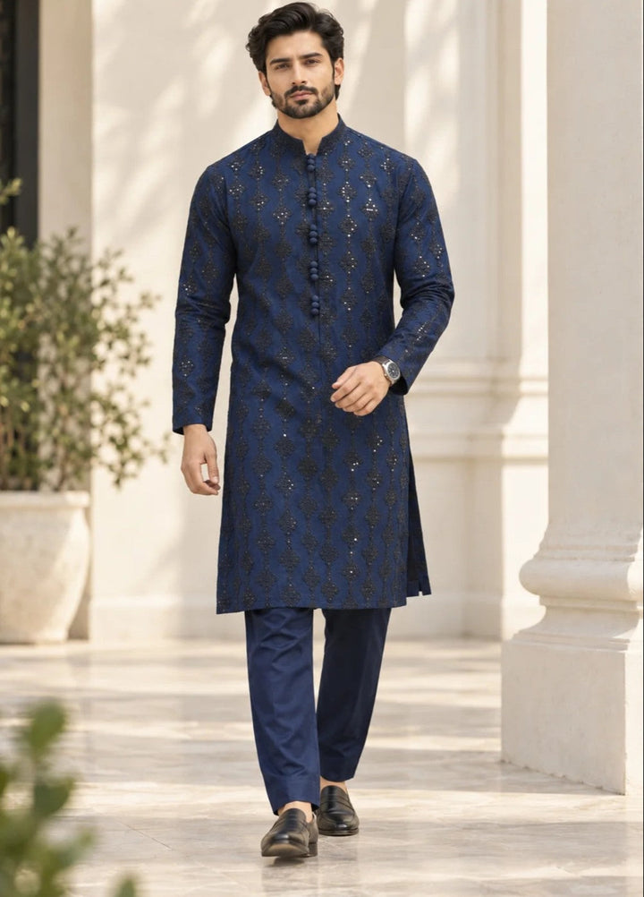 TGM Mens RTW Chikankari Chikankari Kurta Pajama Suit Titan Navy Festive Collection