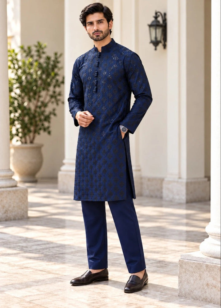 TGM Mens RTW Chikankari Chikankari Kurta Pajama Suit Titan Navy Festive Collection