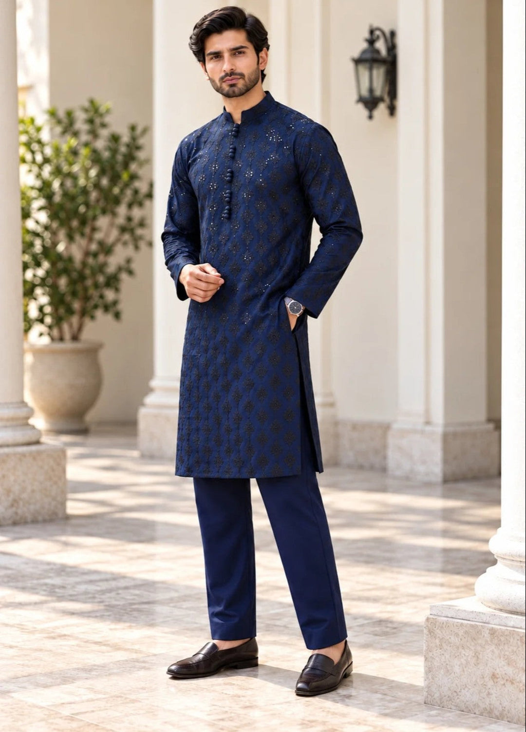 TGM Mens RTW Chikankari Chikankari Kurta Pajama Suit Titan Navy Festive Collection