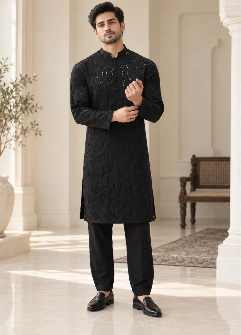 TGM Mens RTW Chikankari Chikankari Kurta Pajama Suit Titan Black Festive Collection