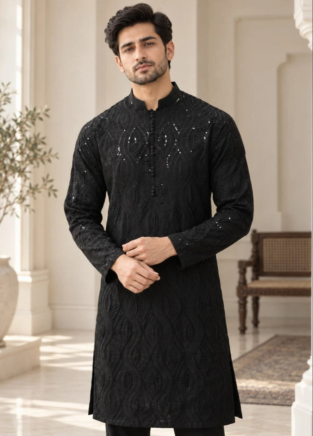 TGM Mens RTW Chikankari Chikankari Kurta Pajama Suit Titan Black Festive Collection