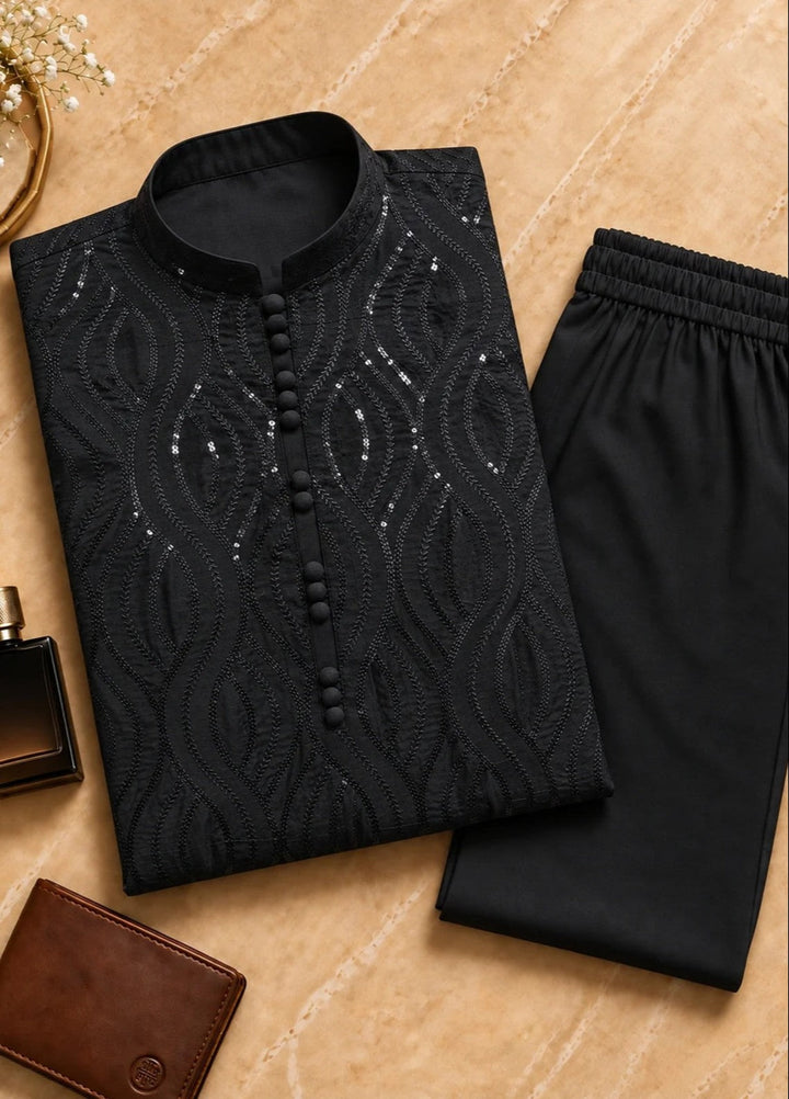 TGM Mens RTW Chikankari Chikankari Kurta Pajama Suit Titan Black Festive Collection