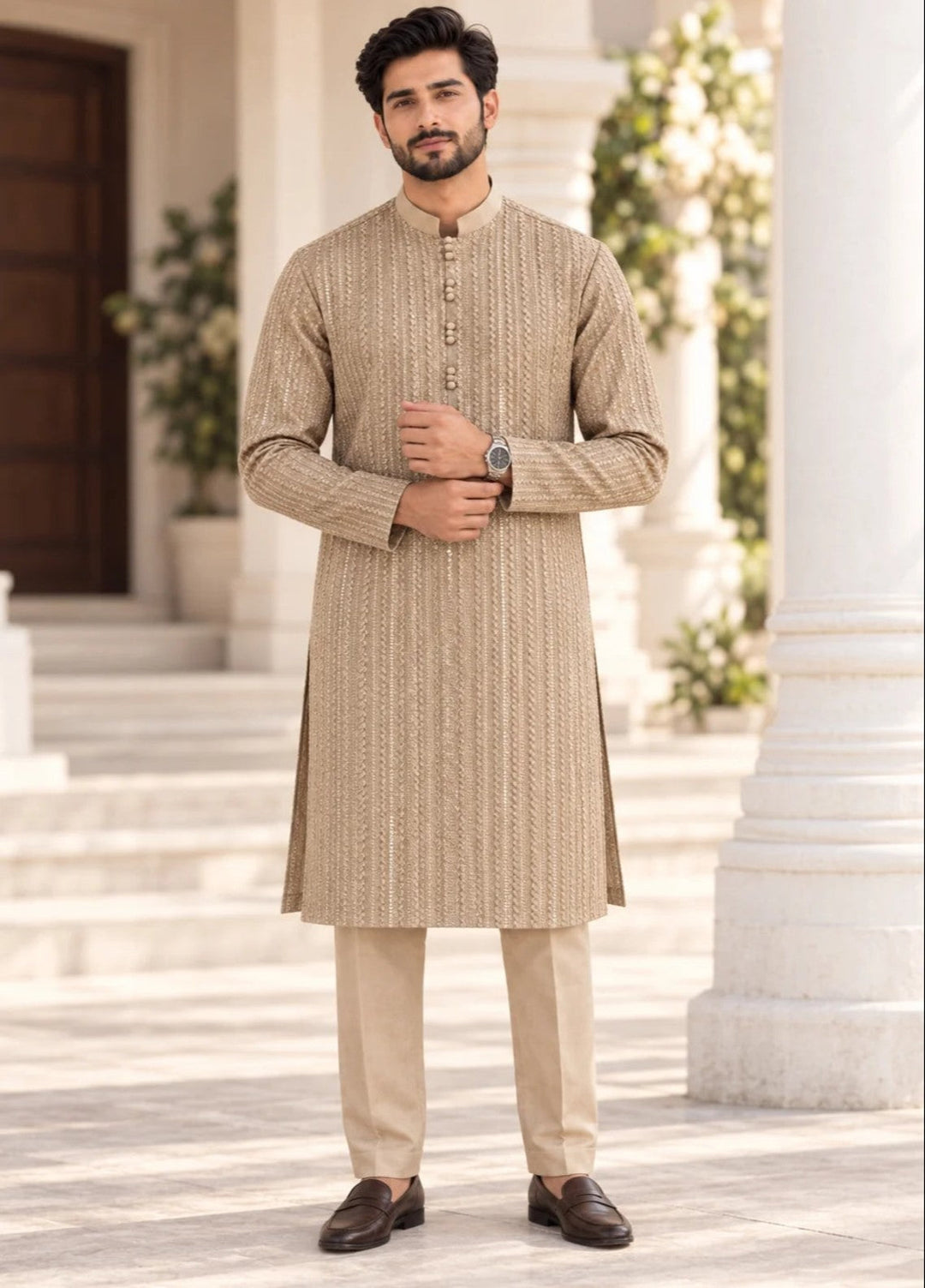 TGM Mens RTW Chikankari Chikankari Kurta Pajama Suit Titan Beige Festive Collection