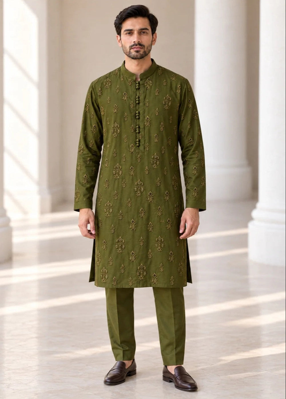 TGM Mens RTW Chikankari Chikankari Kurta Pajama Suit Titan Olive Festive Collection