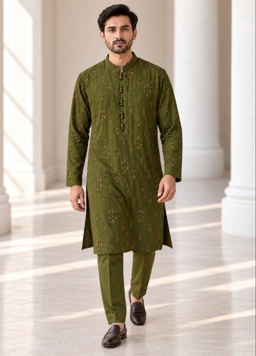 TGM Mens RTW Chikankari Chikankari Kurta Pajama Suit Titan Olive Festive Collection