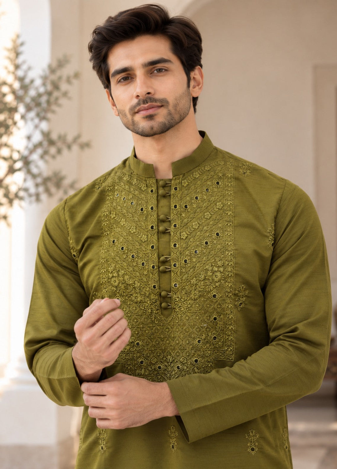 TGM Mens RTW Chikankari Chikankari Kurta Pajama Suit Olive Luxe Festive Collection