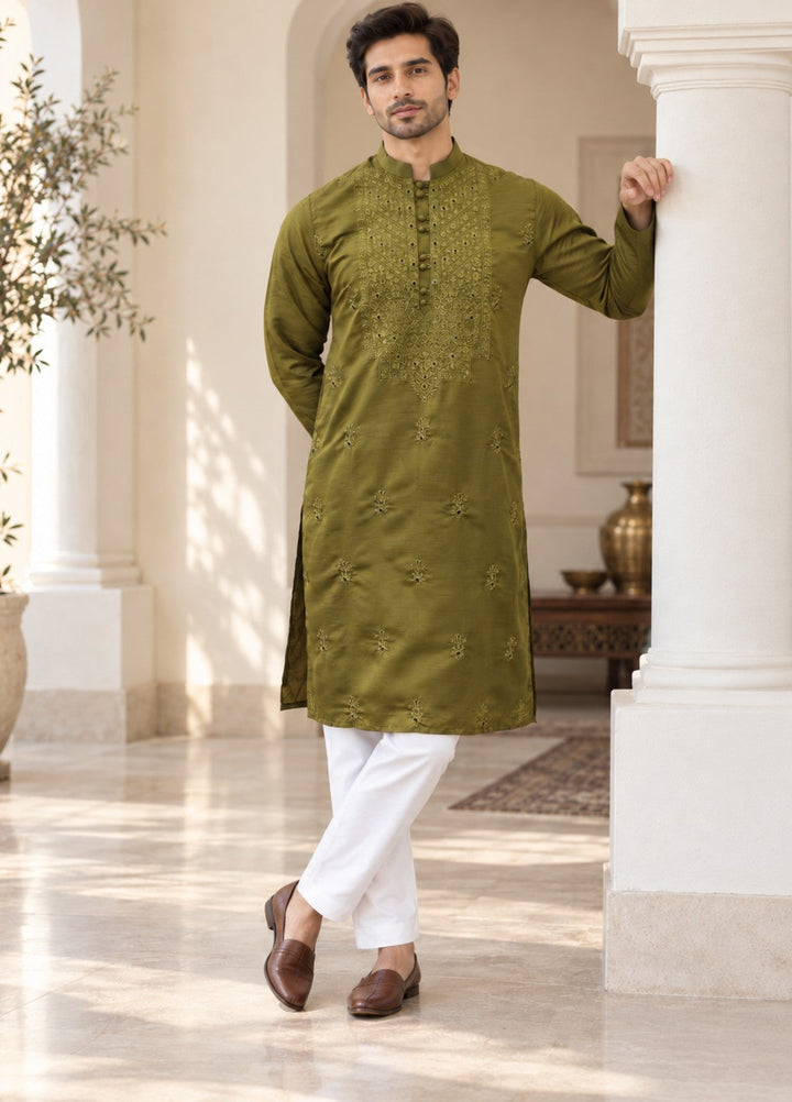 TGM Mens RTW Chikankari Chikankari Kurta Pajama Suit Olive Luxe Festive Collection