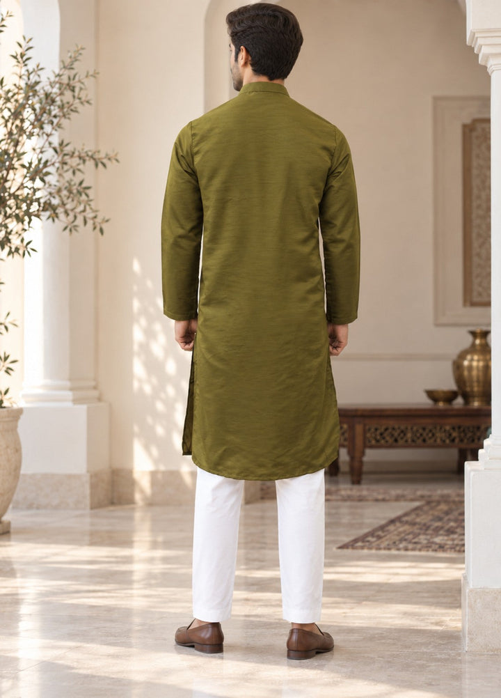 TGM Mens RTW Chikankari Chikankari Kurta Pajama Suit Olive Luxe Festive Collection