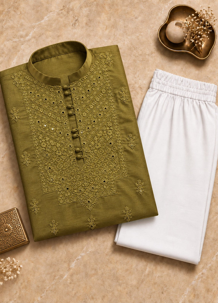 TGM Mens RTW Chikankari Chikankari Kurta Pajama Suit Olive Luxe Festive Collection