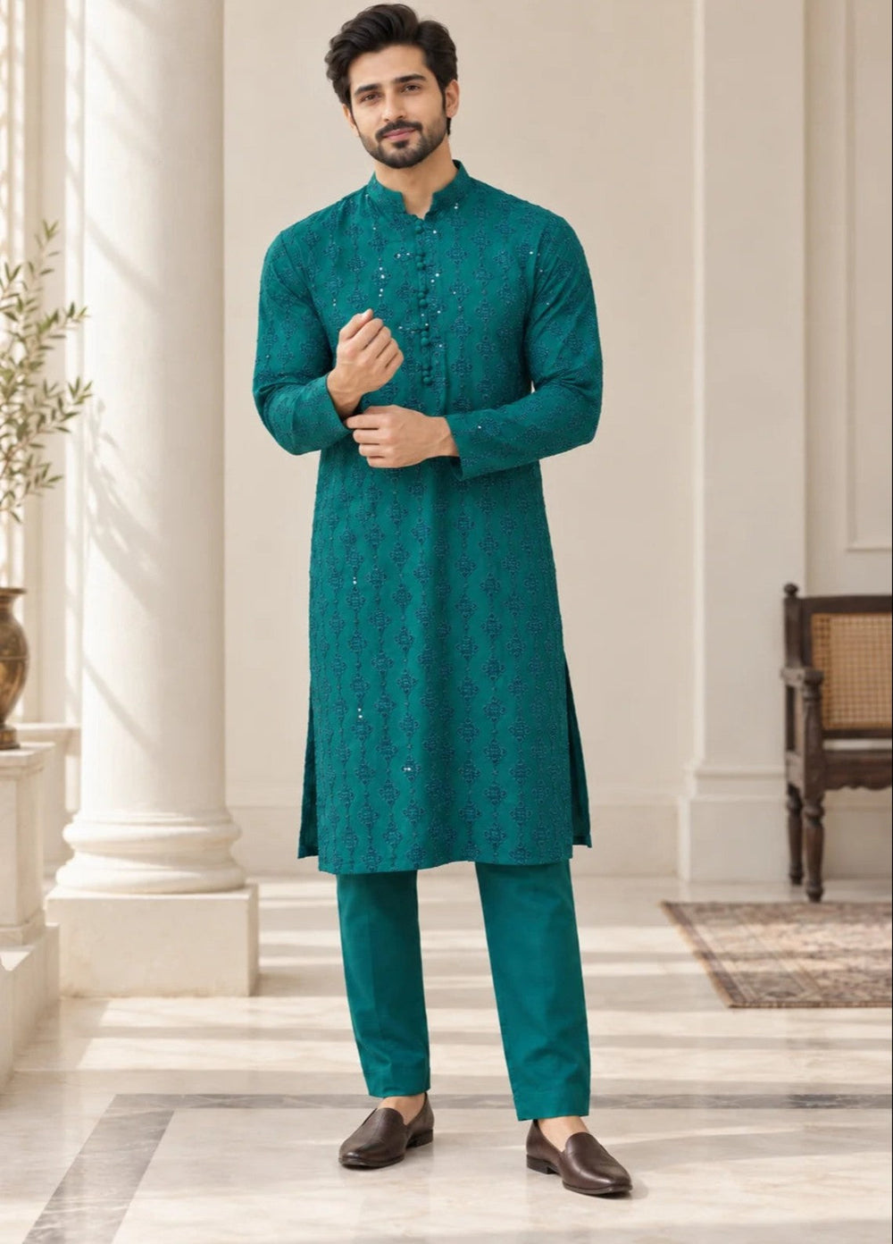 TGM Mens RTW Chikankari Chikankari Kurta Pajama Suit Titan Turquoise Festive Collection