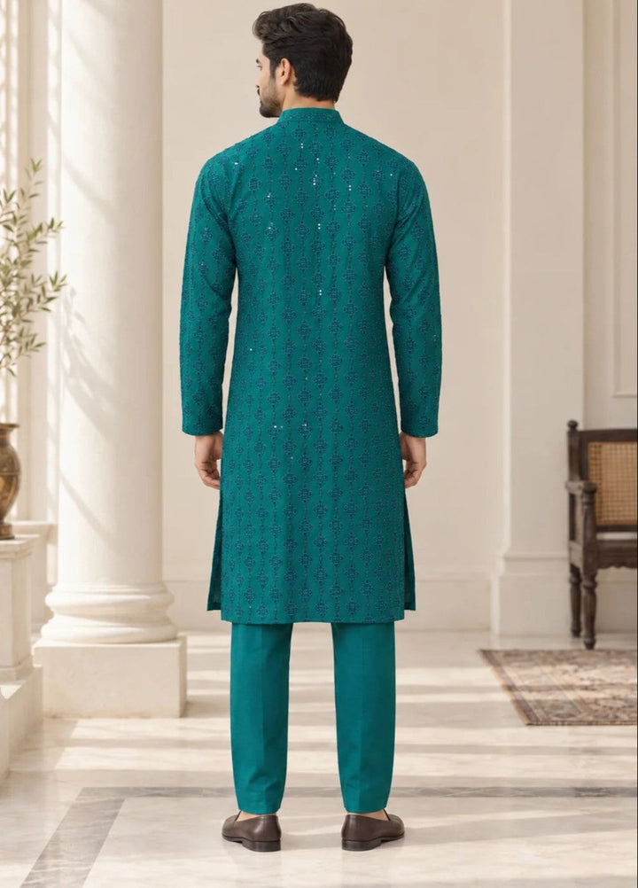 TGM Mens RTW Chikankari Chikankari Kurta Pajama Suit Titan Turquoise Festive Collection