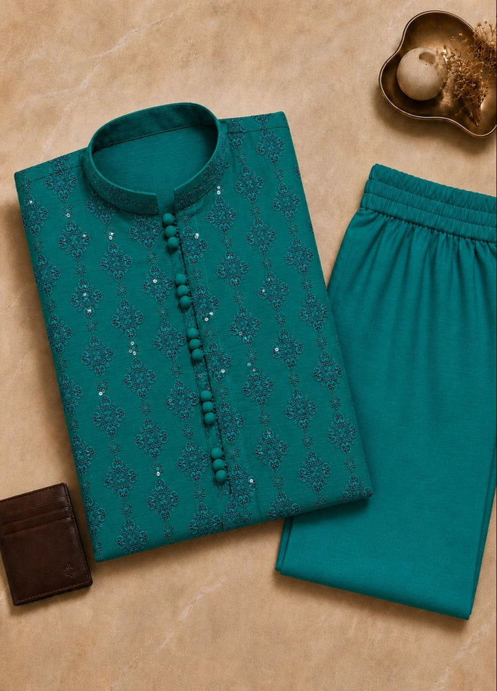 TGM Mens RTW Chikankari Chikankari Kurta Pajama Suit Titan Turquoise Festive Collection