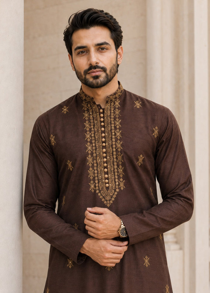 TGM Mens RTW Chikankari Chikankari Kurta Pajama Suit Aeron Brown Festive Collection