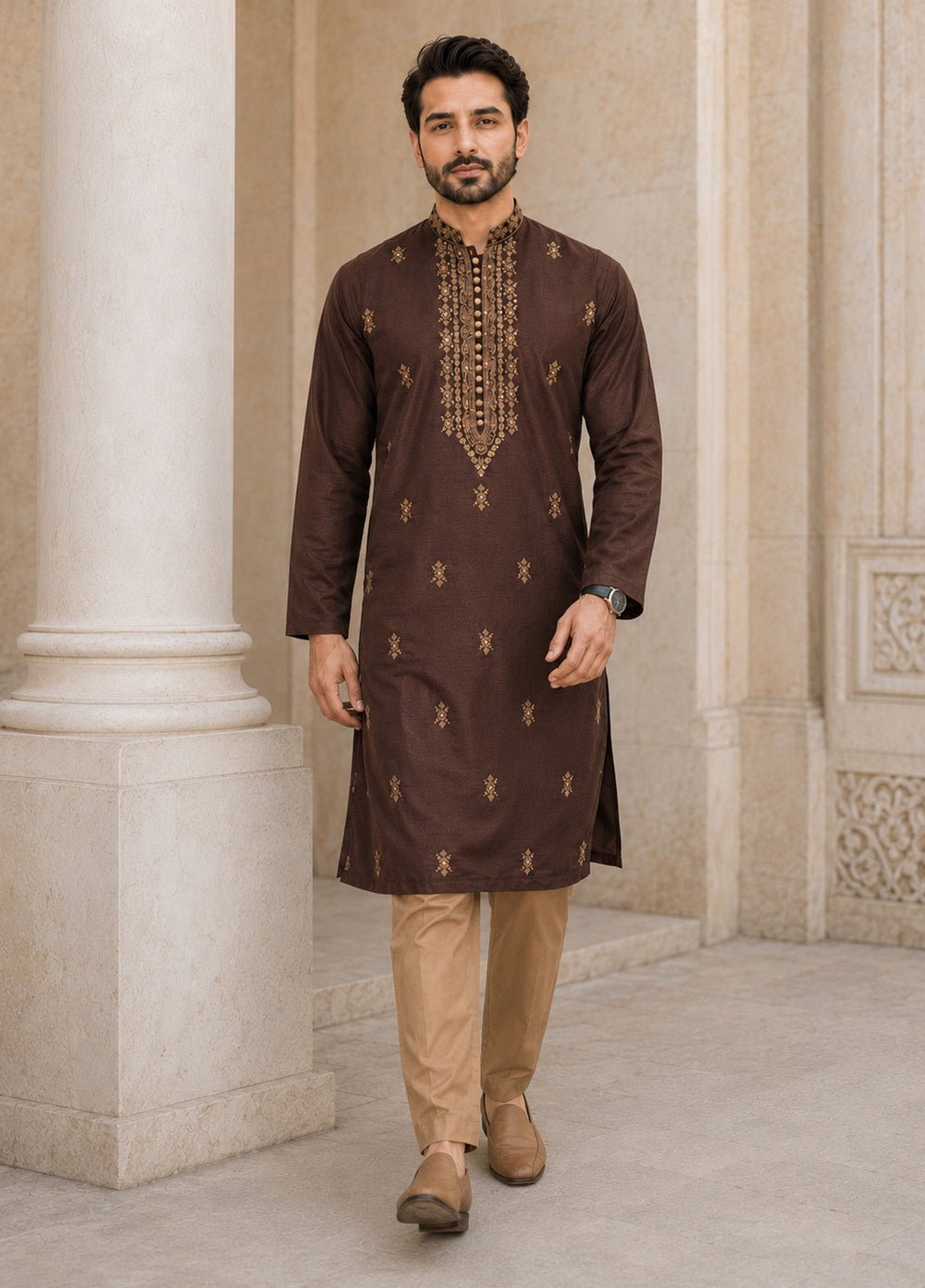 TGM Mens RTW Chikankari Chikankari Kurta Pajama Suit Aeron Brown Festive Collection