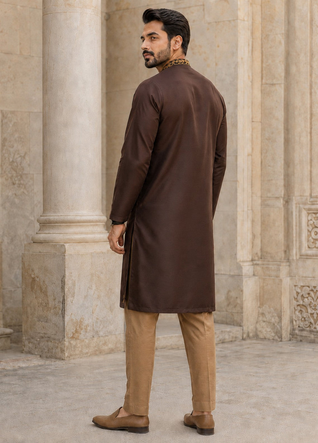 TGM Mens RTW Chikankari Chikankari Kurta Pajama Suit Aeron Brown Festive Collection