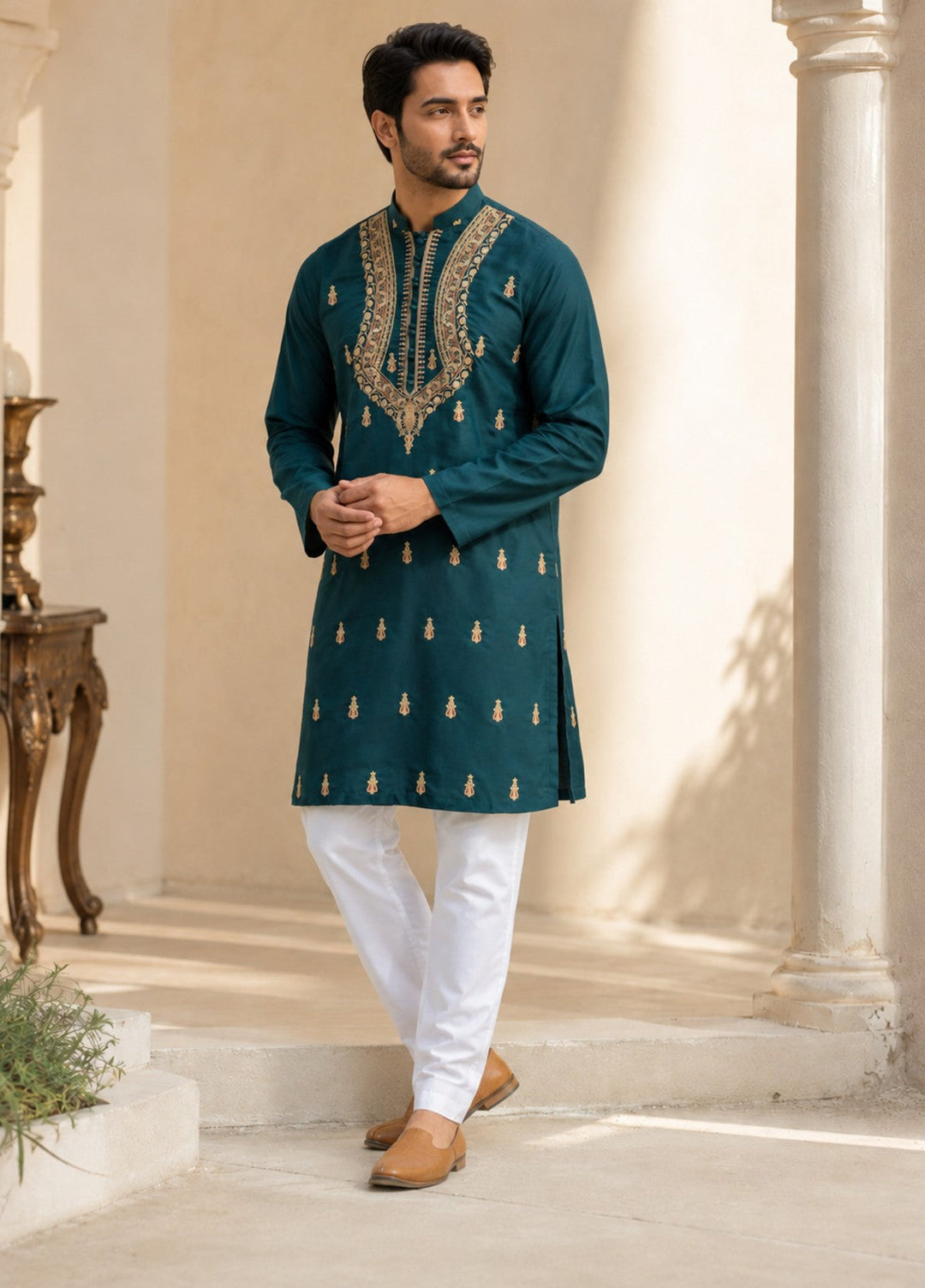 TGM Mens RTW Chikankari Chikankari Kurta Pajama Suit Vian Teal Festive Collection