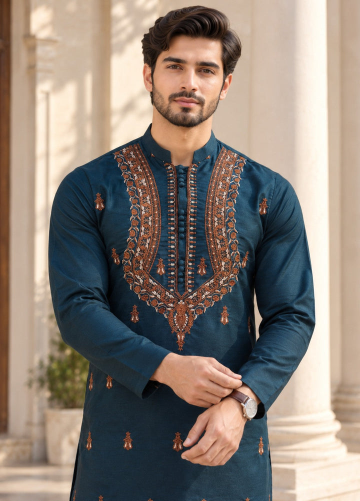 TGM Mens RTW Chikankari Chikankari Kurta Pajama Suit Vian Deep Teal Festive Collection