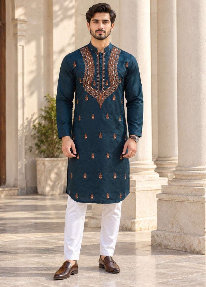 TGM Mens RTW Chikankari Chikankari Kurta Pajama Suit Vian Deep Teal Festive Collection
