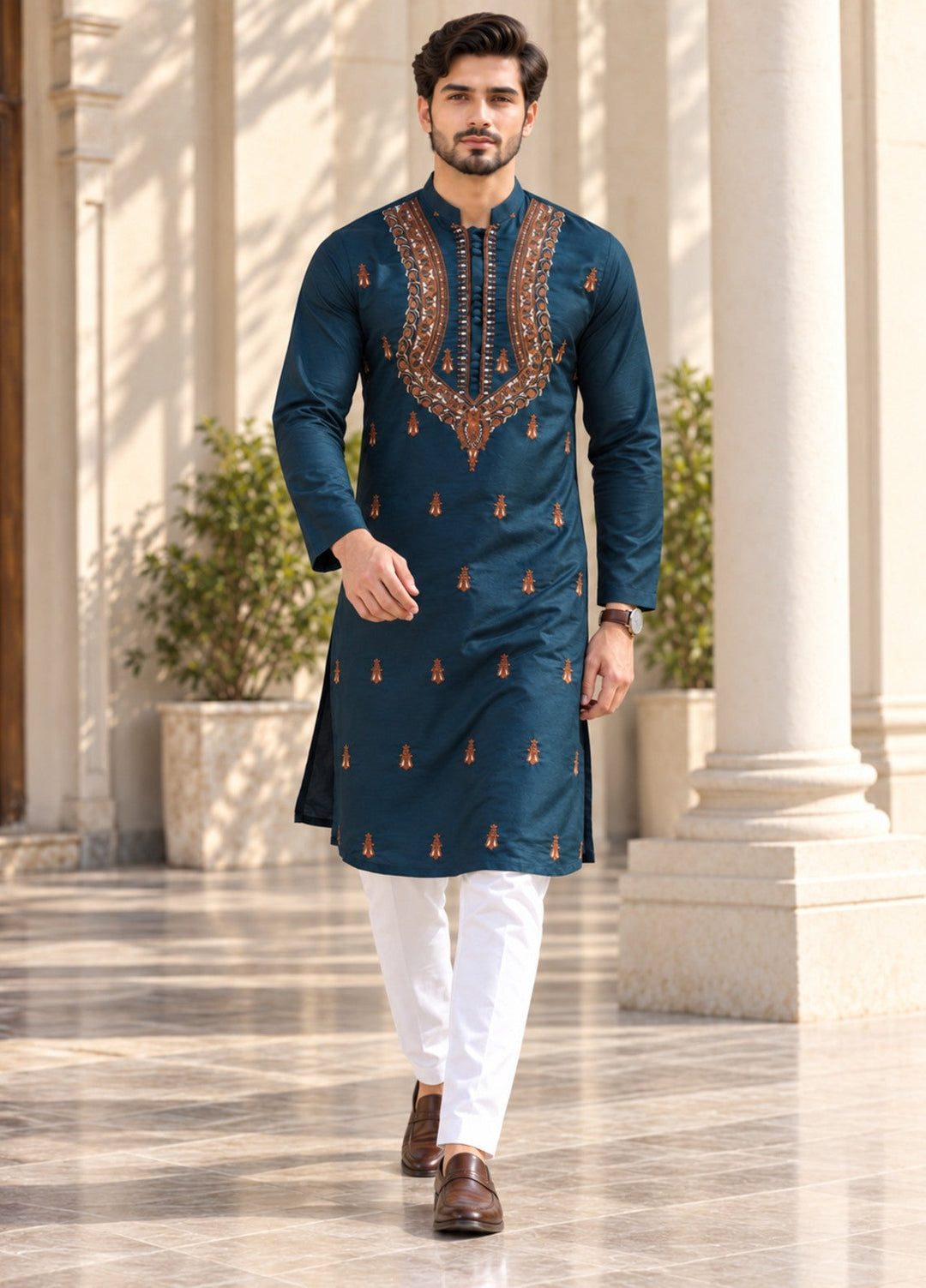 TGM Mens RTW Chikankari Chikankari Kurta Pajama Suit Vian Deep Teal Festive Collection