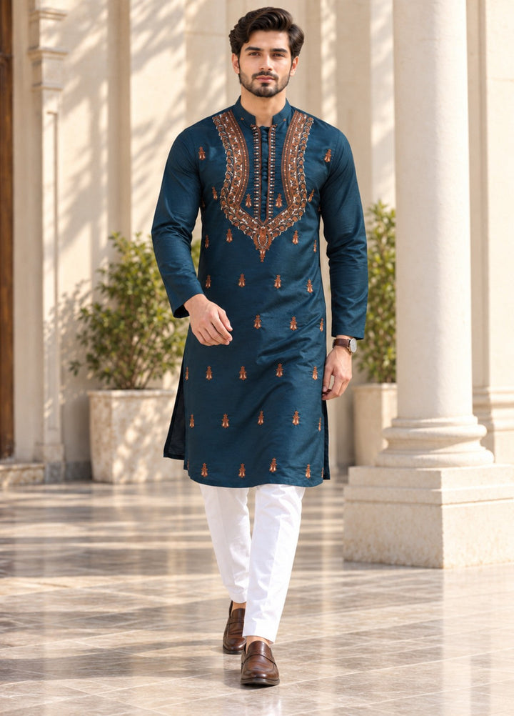 TGM Mens RTW Chikankari Chikankari Kurta Pajama Suit Vian Deep Teal Festive Collection