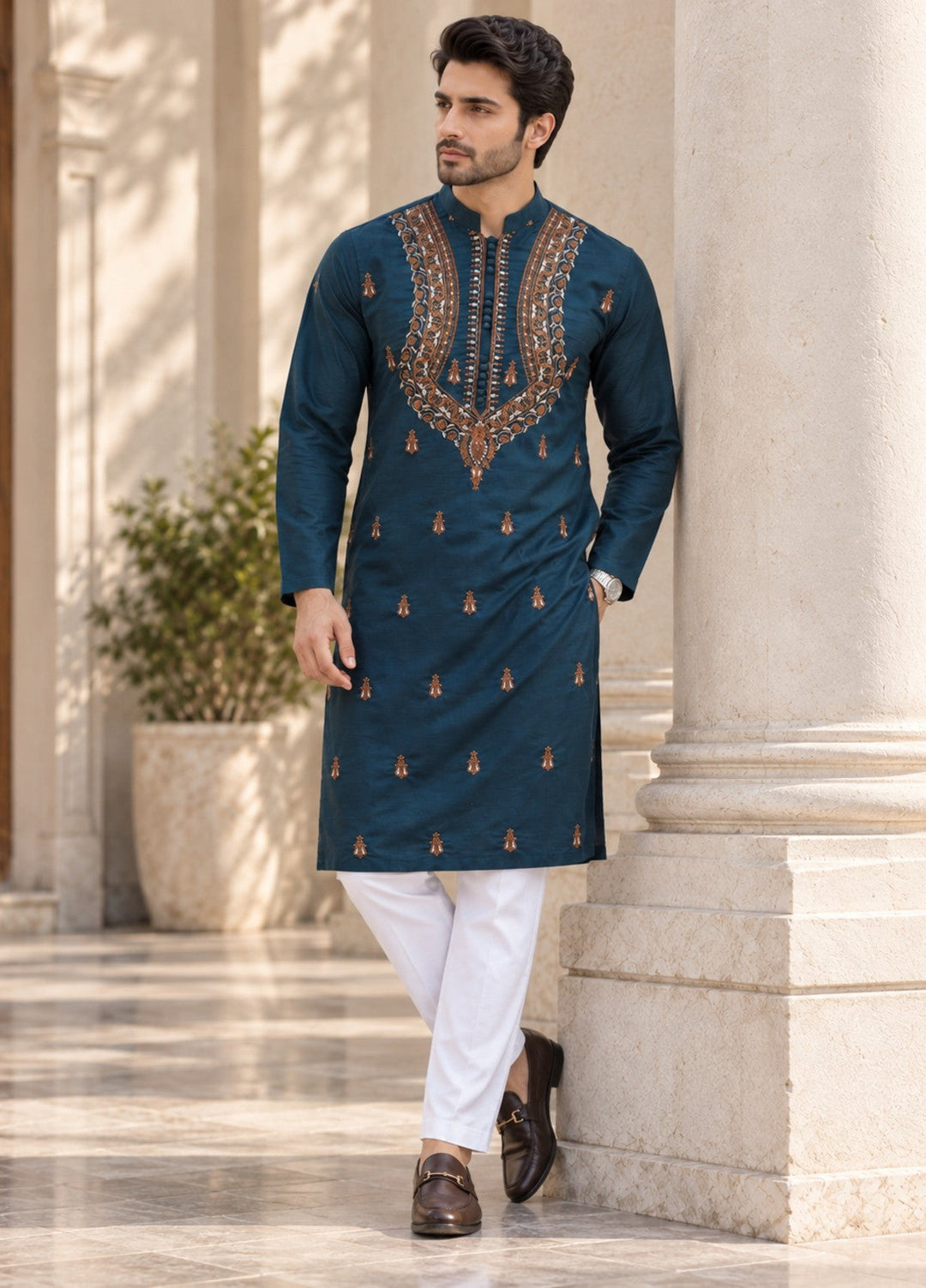 TGM Mens RTW Chikankari Chikankari Kurta Pajama Suit Vian Deep Teal Festive Collection
