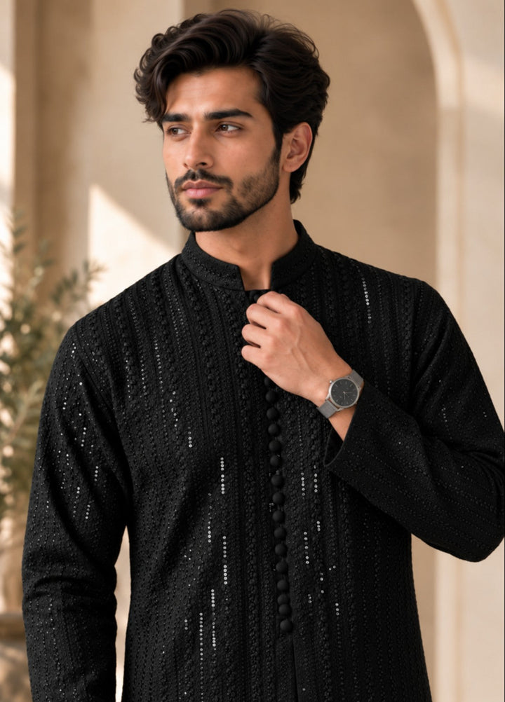 TGM Mens RTW Chikankari Chikankari Kurta Pajama Suit Royan Black Festive Collection