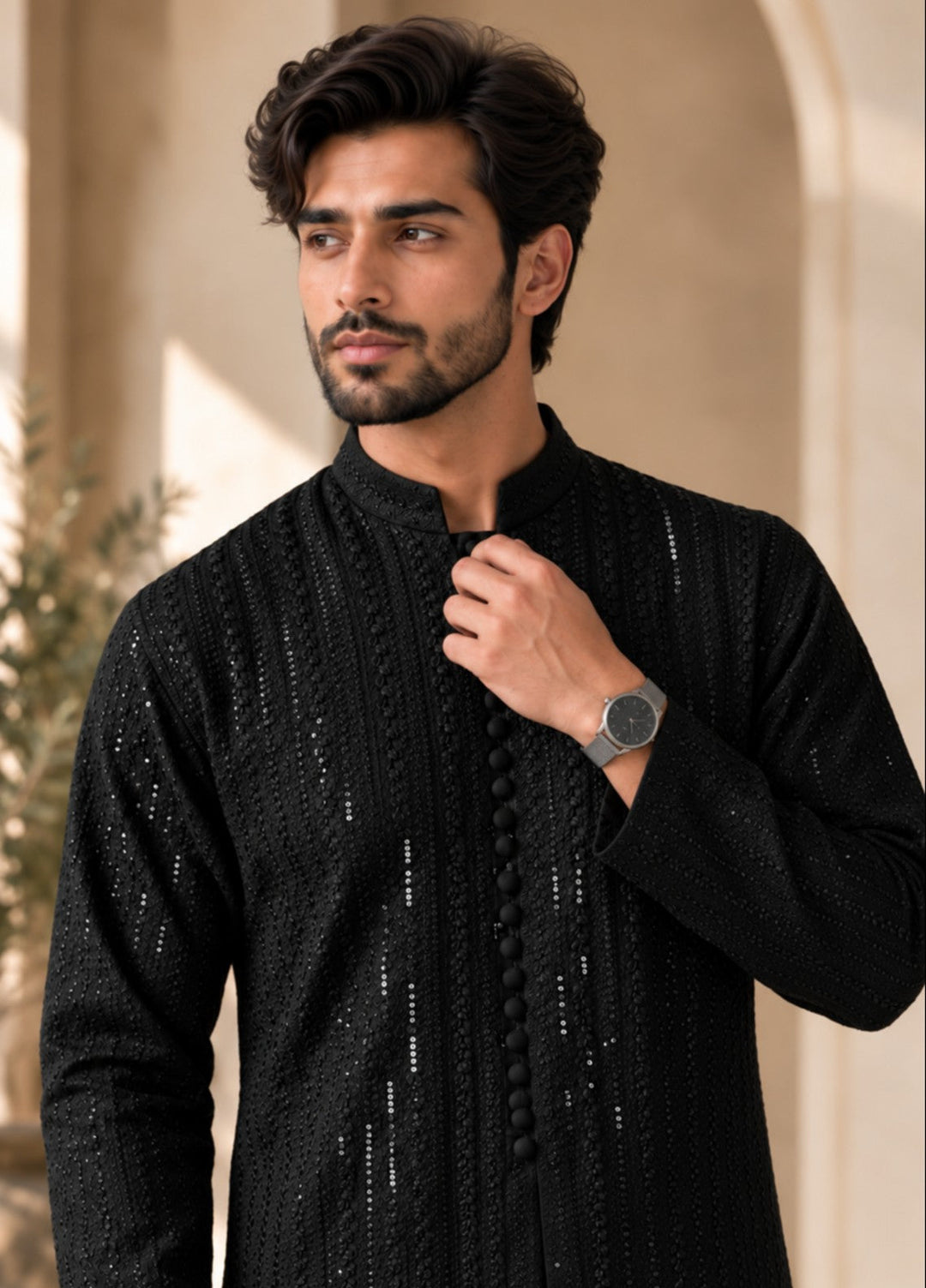 TGM Mens RTW Chikankari Chikankari Kurta Pajama Suit Royan Black Festive Collection