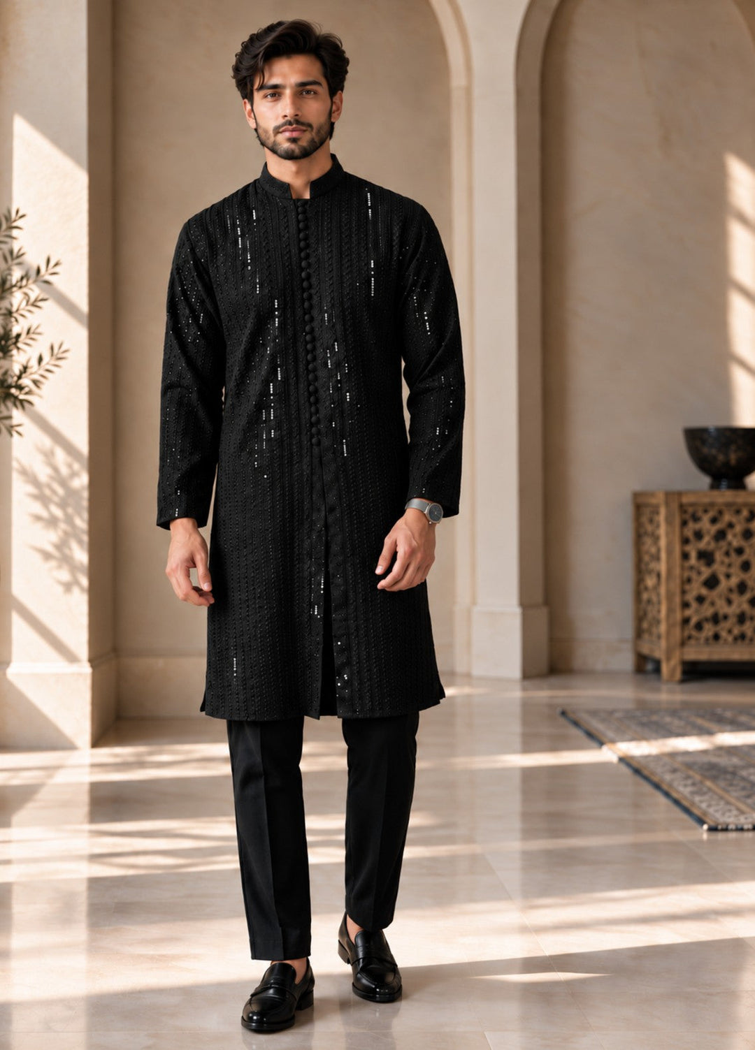 TGM Mens RTW Chikankari Chikankari Kurta Pajama Suit Royan Black Festive Collection