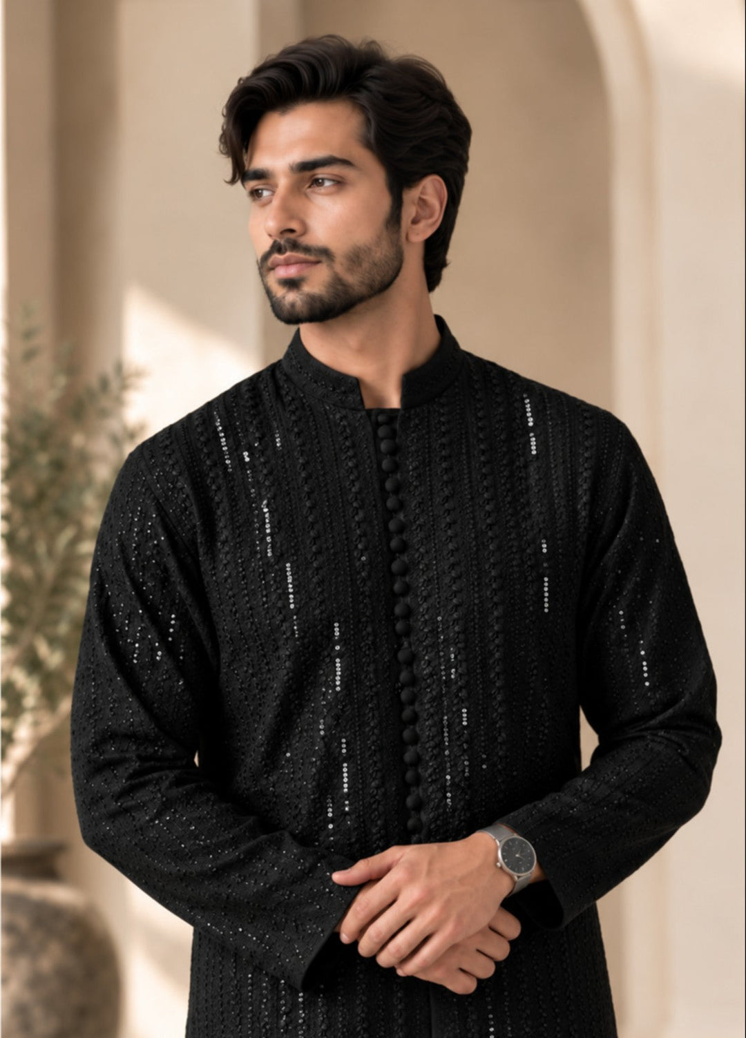 TGM Mens RTW Chikankari Chikankari Kurta Pajama Suit Royan Black Festive Collection