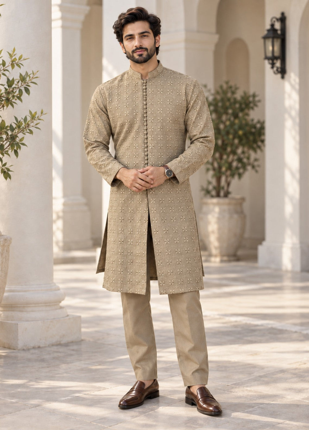 TGM Mens RTW Chikankari Chikankari Kurta Pajama Suit Royan Beige Festive Collection
