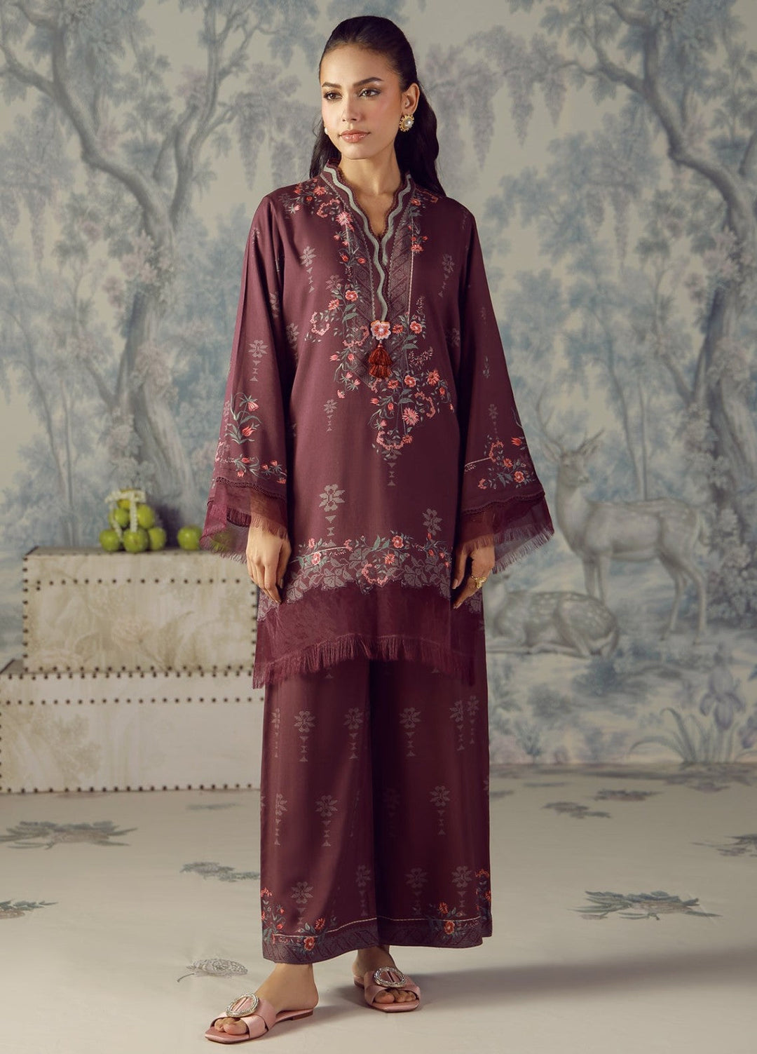 Sahar Unstitched Printed Marina Twill 2 Piece Suit Plum Flourish Winter Collection
