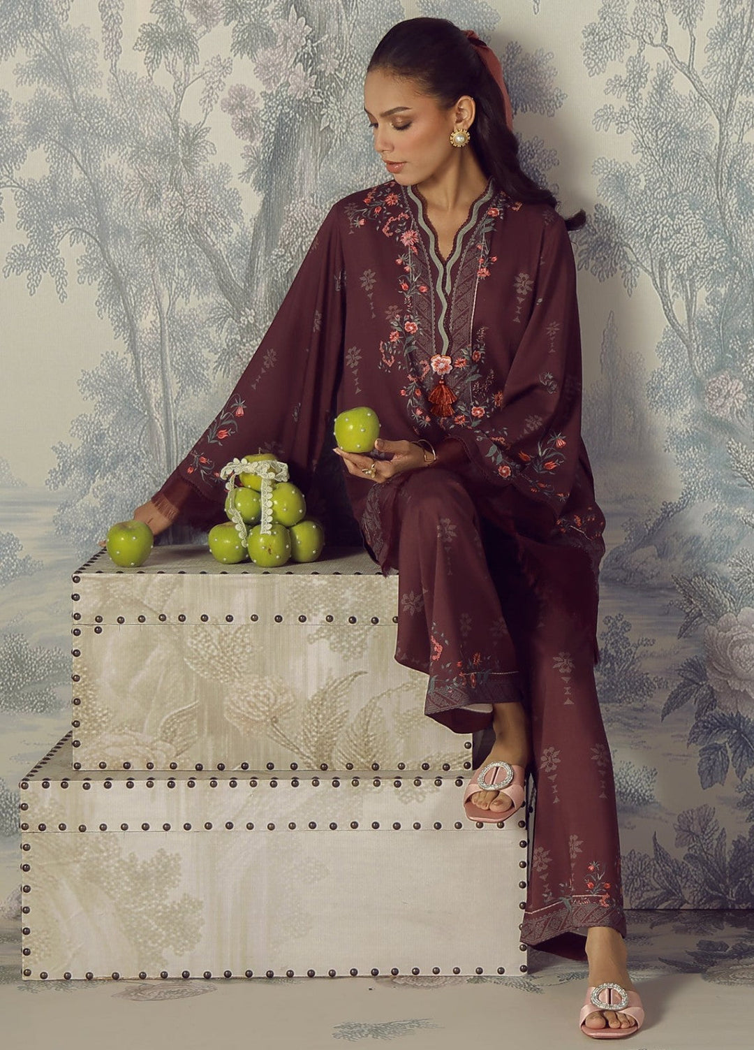 Sahar Unstitched Printed Marina Twill 2 Piece Suit Plum Flourish Winter Collection