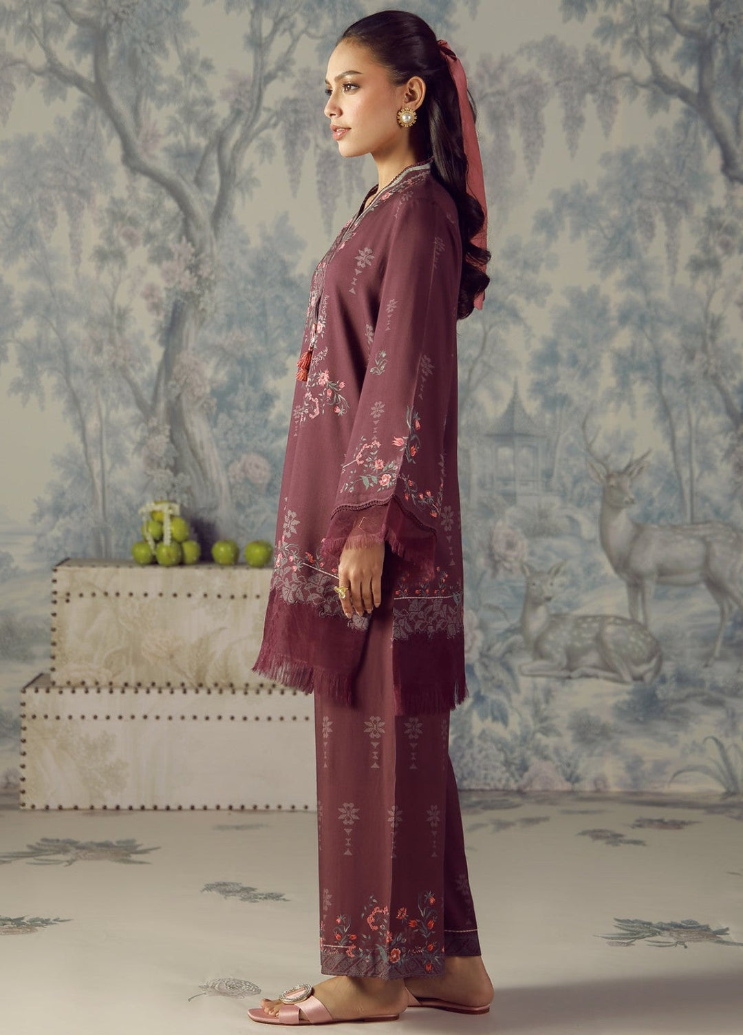 Sahar Unstitched Printed Marina Twill 2 Piece Suit Plum Flourish Winter Collection