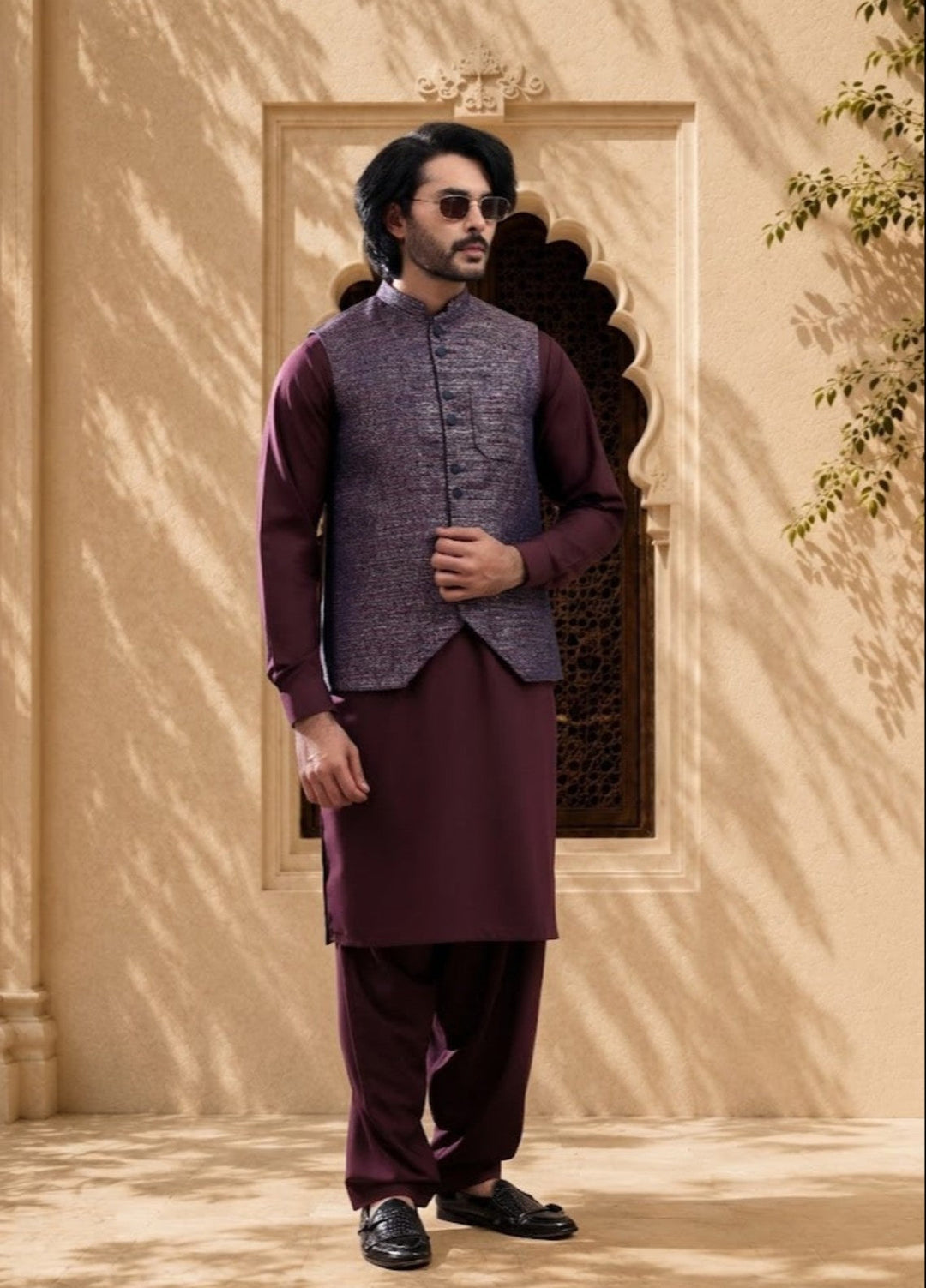 TGM Mens RTW Textured Blended Cotton 3 Piece Suit Meridian Crimson Festive Collection