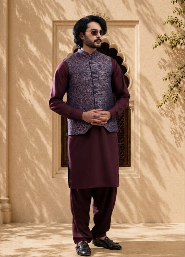 TGM Mens RTW Textured Blended Cotton 3 Piece Suit Meridian Crimson Festive Collection