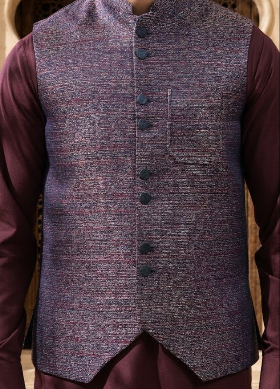 TGM Mens RTW Textured Blended Cotton 3 Piece Suit Meridian Crimson Festive Collection