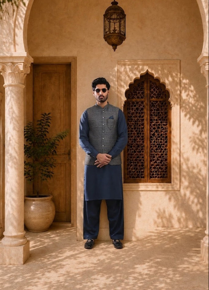 TGM Mens RTW Textured Blended Cotton 3 Piece Suit Meridian Ink Festive Collection