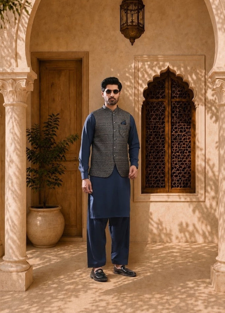 TGM Mens RTW Textured Blended Cotton 3 Piece Suit Meridian Ink Festive Collection