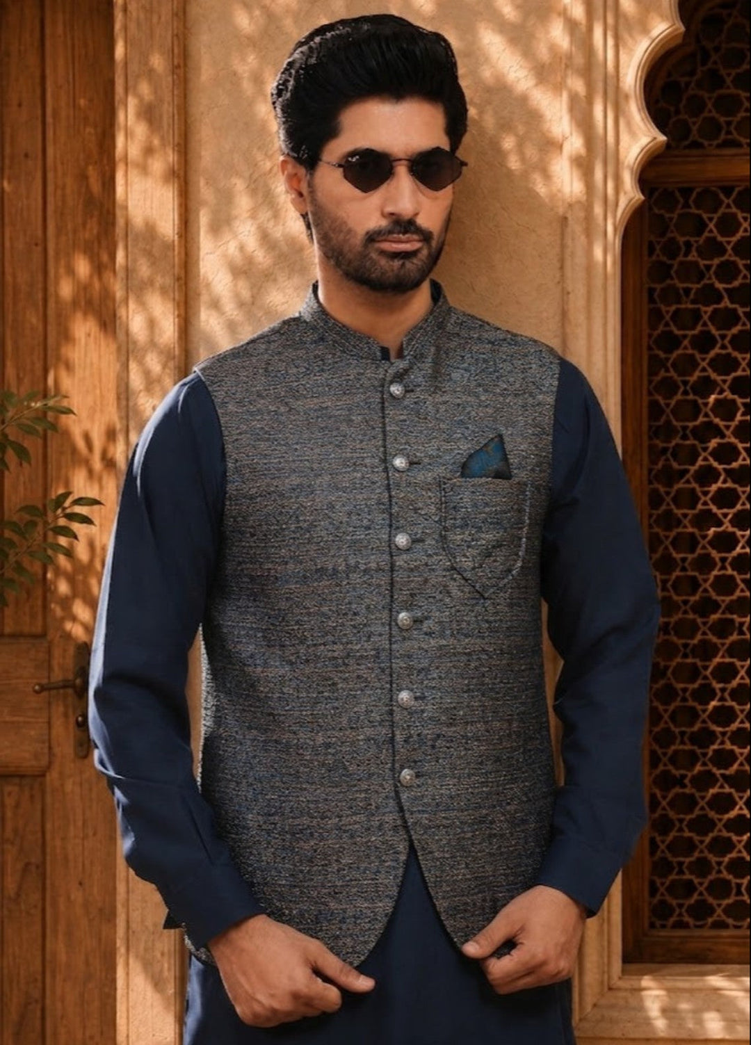 TGM Mens RTW Textured Blended Cotton 3 Piece Suit Meridian Ink Festive Collection