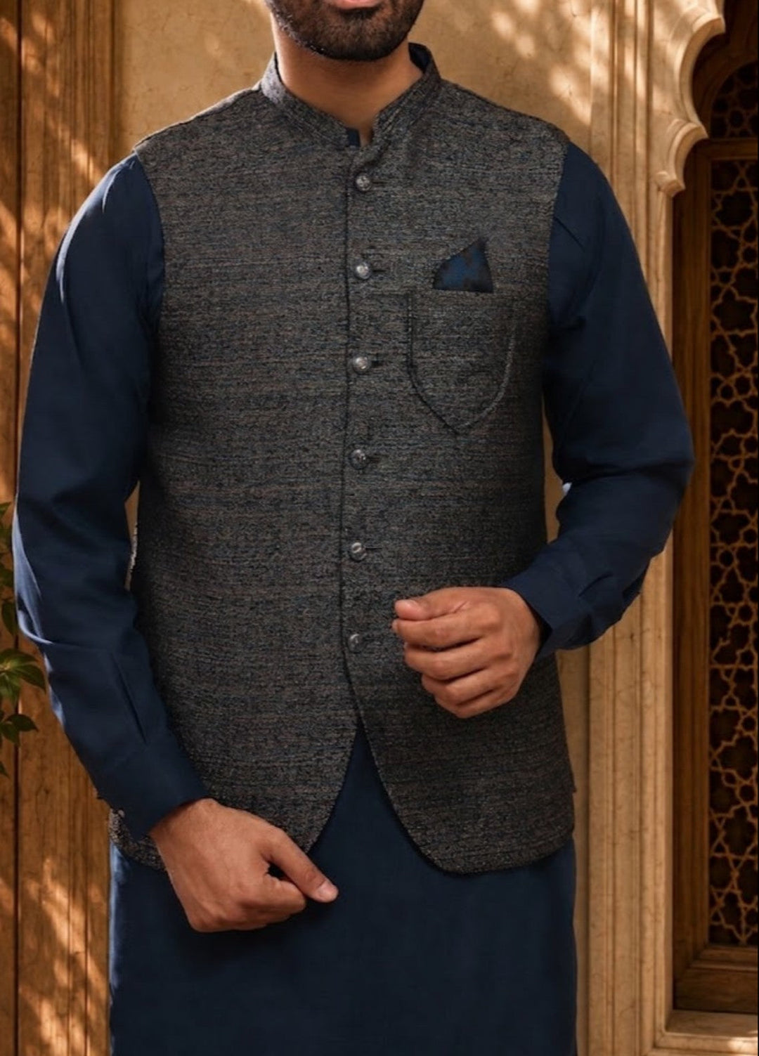 TGM Mens RTW Textured Blended Cotton 3 Piece Suit Meridian Ink Festive Collection