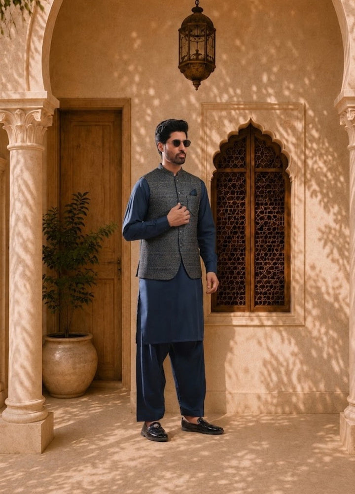 TGM Mens RTW Textured Blended Cotton 3 Piece Suit Meridian Ink Festive Collection