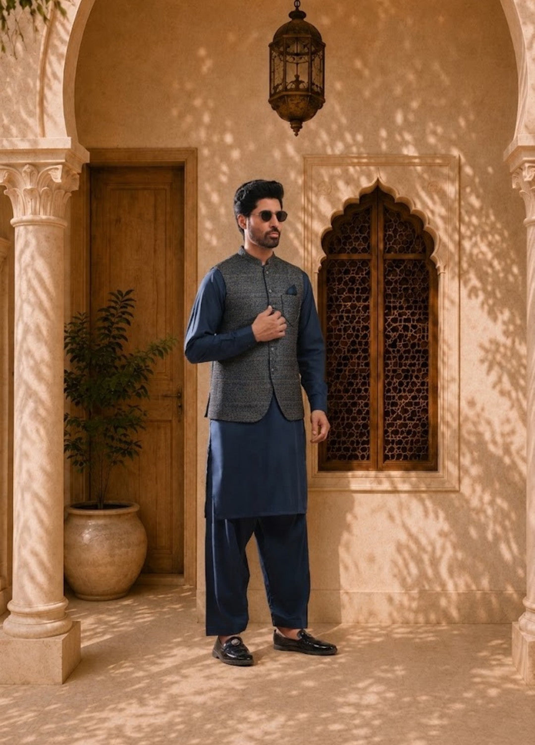 TGM Mens RTW Textured Blended Cotton 3 Piece Suit Meridian Ink Festive Collection