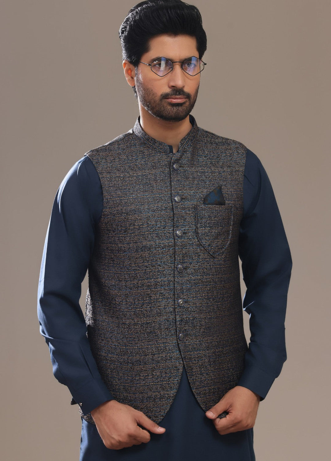 TGM Mens RTW Textured Blended Cotton 3 Piece Suit Meridian Ink Festive Collection
