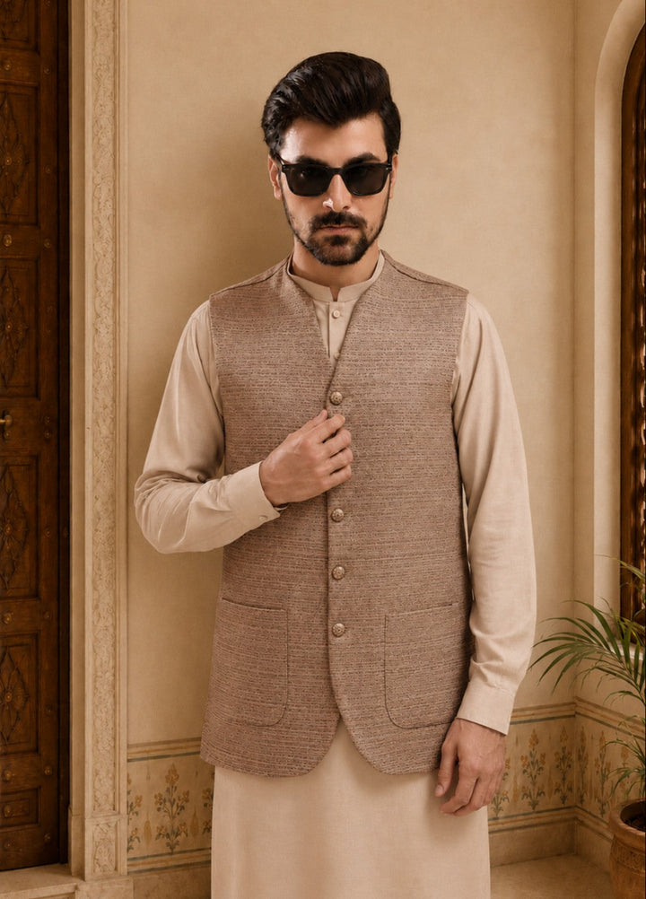 TGM Mens RTW Textured Blended Cotton 3 Piece Suit Meridian Beige Festive Collection