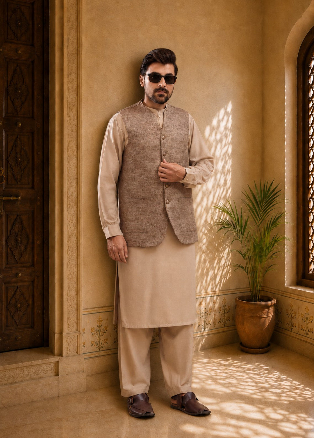 TGM Mens RTW Textured Blended Cotton 3 Piece Suit Meridian Beige Festive Collection