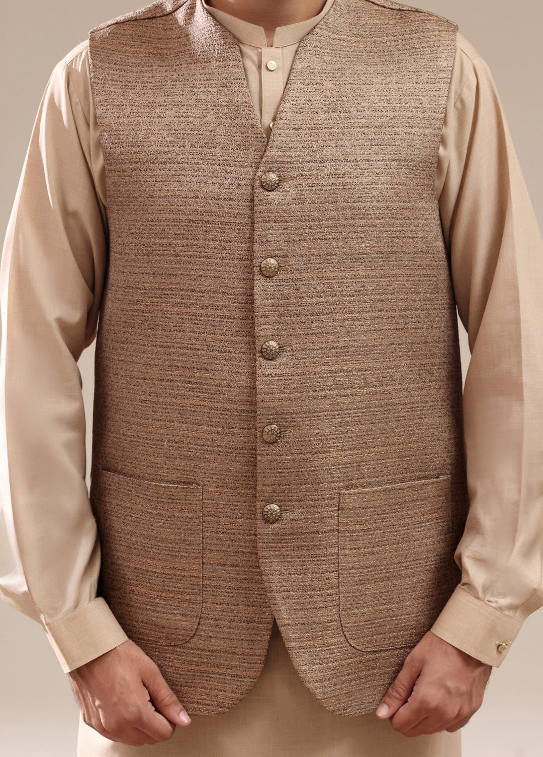 TGM Mens RTW Textured Blended Cotton 3 Piece Suit Meridian Beige Festive Collection