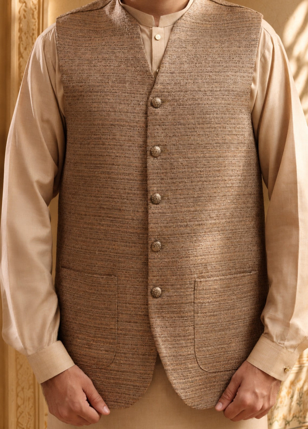 TGM Mens RTW Textured Blended Cotton 3 Piece Suit Meridian Beige Festive Collection