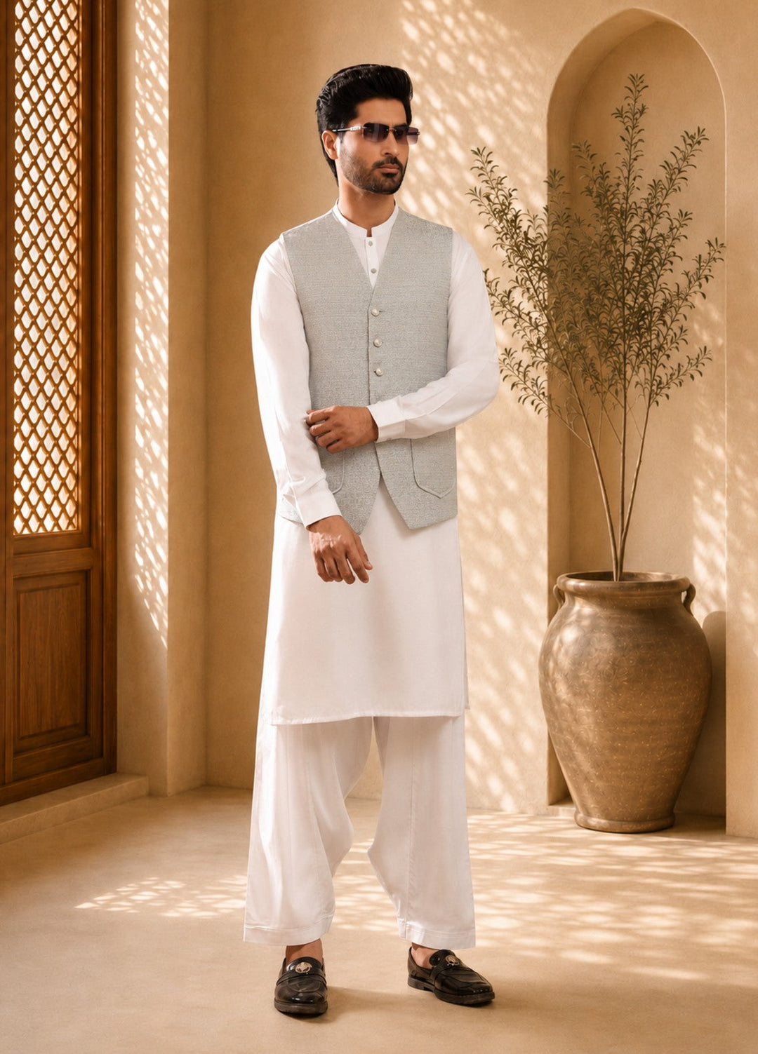 TGM Mens RTW Textured Blended Cotton 3 Piece Suit Meridian Echo Festive Collection