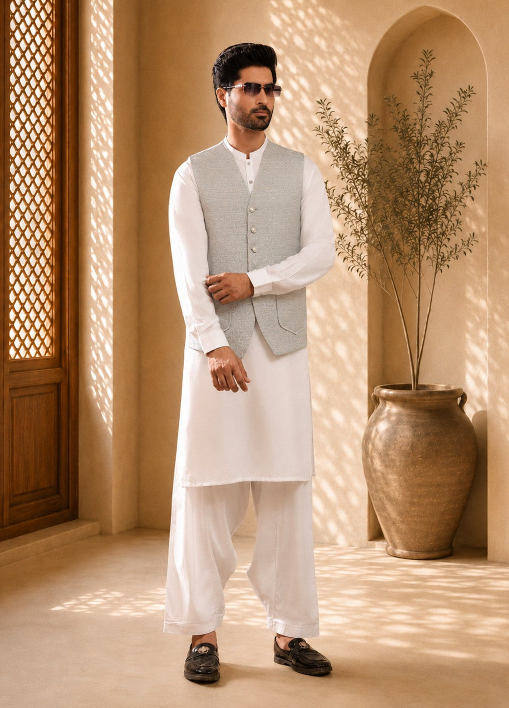 TGM Mens RTW Textured Blended Cotton 3 Piece Suit Meridian Echo Festive Collection